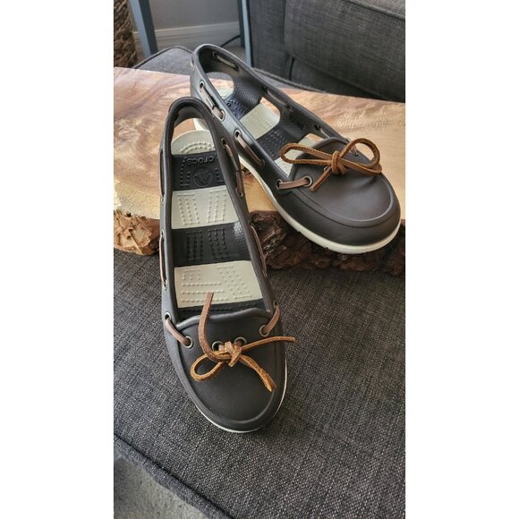 CROCS BEACH LINE BROWN CROSLITE BOAT SHOE NAUTICAL STYLE SZ 5 - Picture 1 of 11